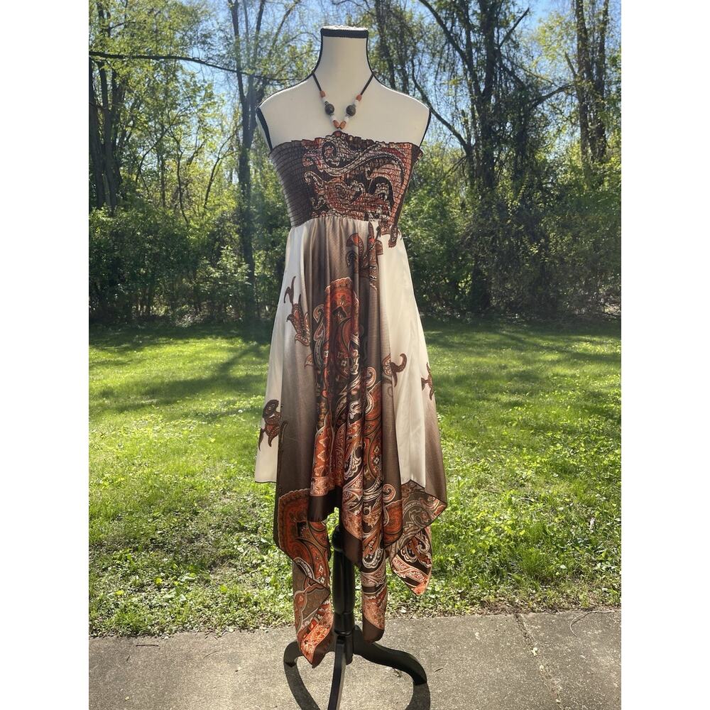 Coachella Paisley Festival Y2K Fairy smocked Strapless Handkerchief Hem Dress M